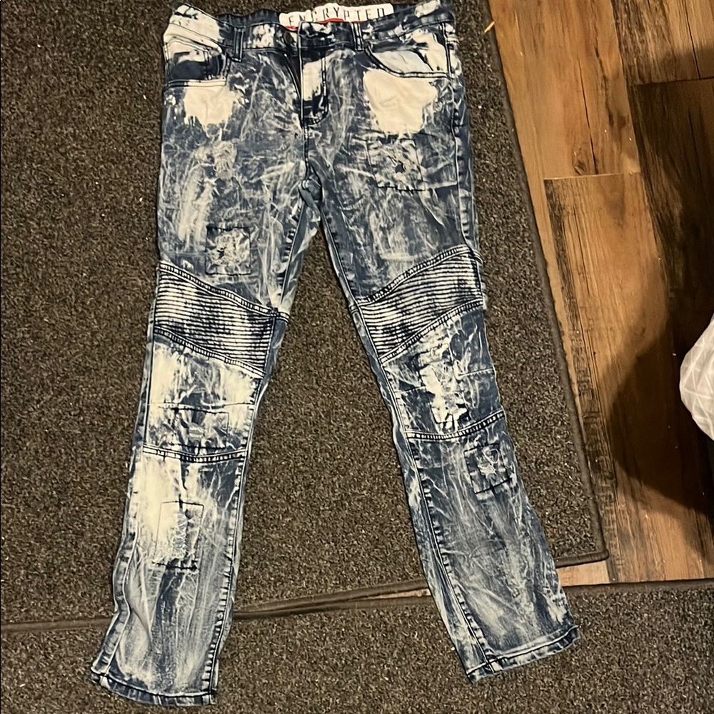 Distressed Blue Jeans with White Accents